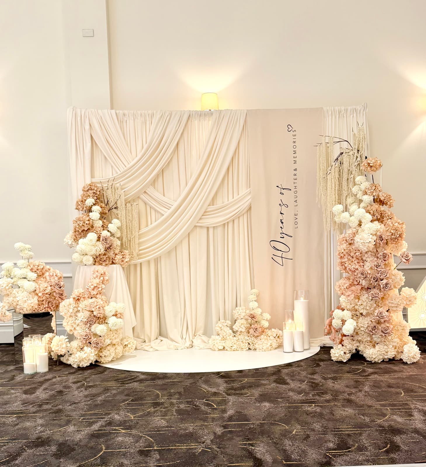 Wedding reception styling with draping florals and table settings