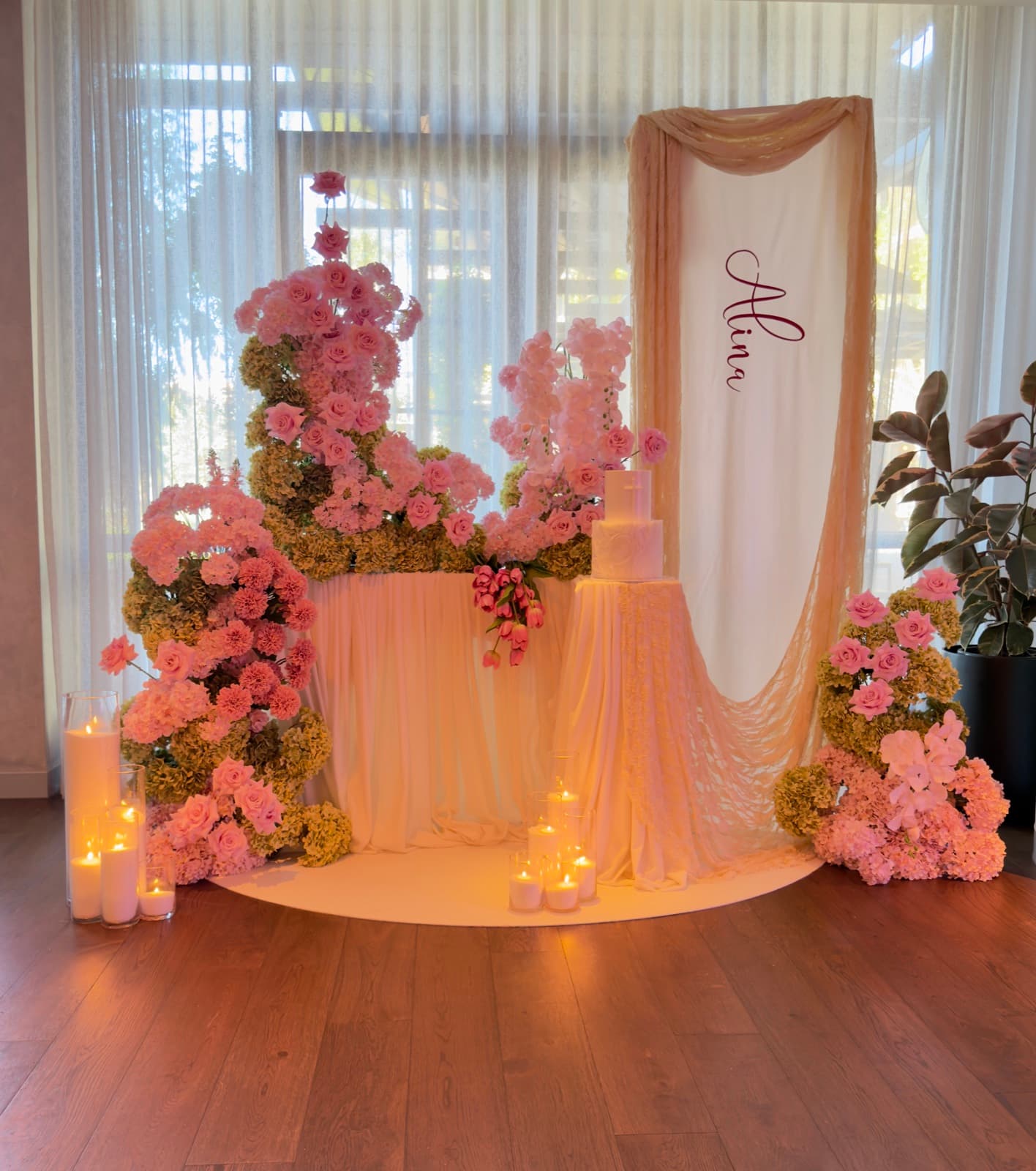 Wedding reception styling with draping florals and table settings